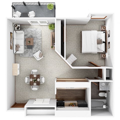 A top-down view of a small, neatly organized apartment with a kitchen, living room, and bathroom.